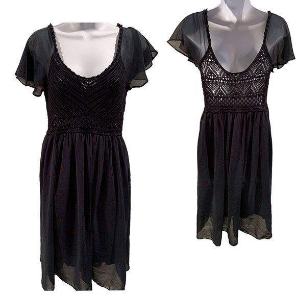 Free People Dark Green Crochet and Chiffon Floral Dress, Size Medium - Picture 4 of 16